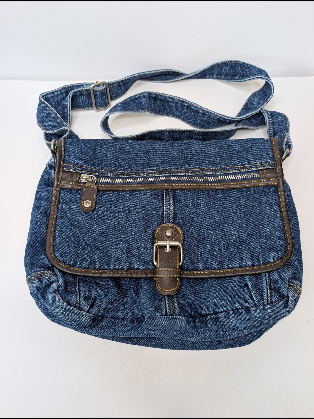 Blue Denim Flat Front Zip Adjustable Shoulder Crossbody Messenger Bag Purse